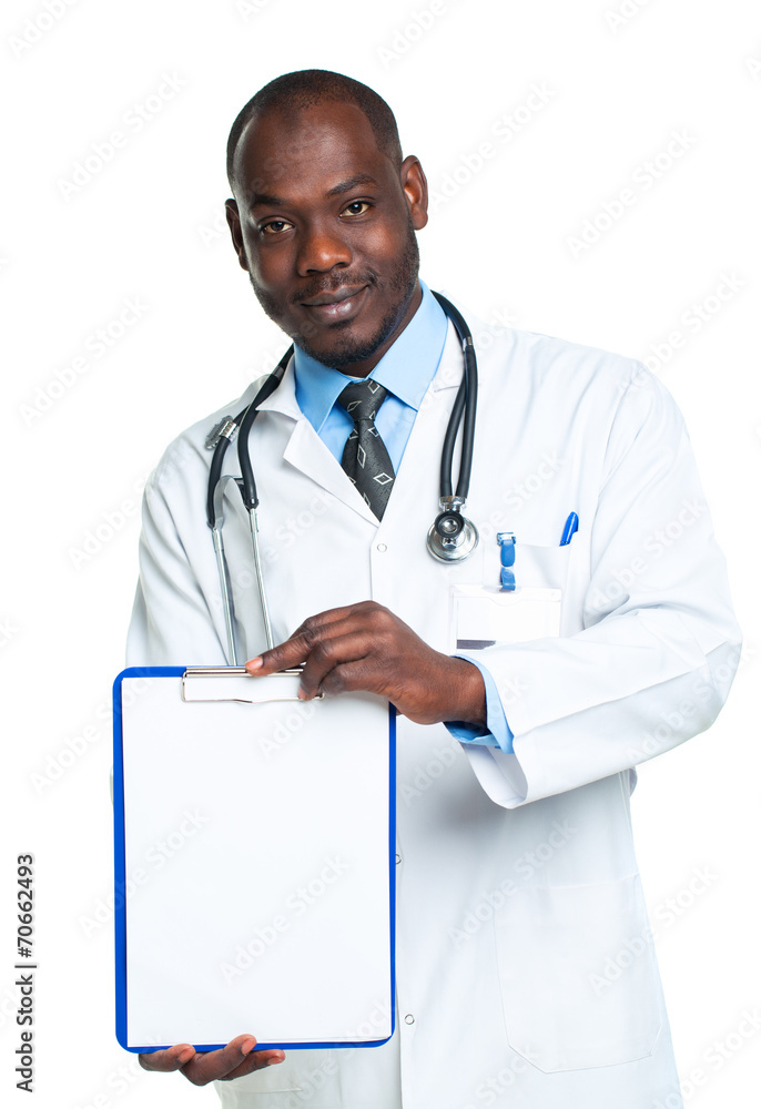 Young male smiling doctor showing clipboard with copy space for Young male smiling doctor showing clipboard with copy space for