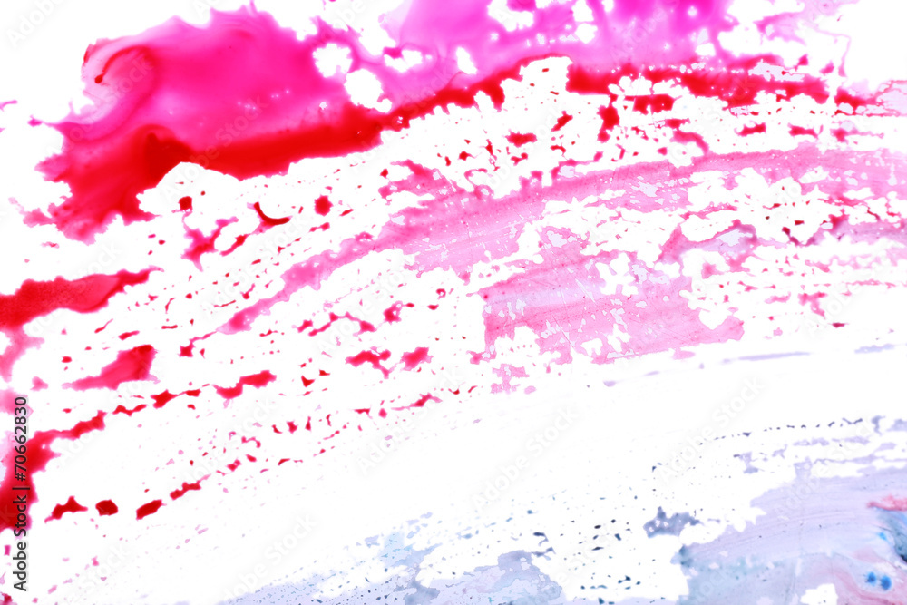 Fototapeta premium Red and pink watercolor paint splatter background with artistic ink blots and textured brush strokes on white paper, this creative design features colorful liquid patterns and fluid splashes