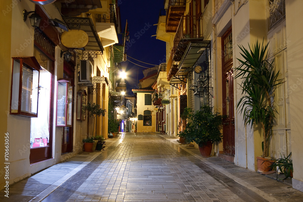 Empty night streets in Nafplio, Greece.