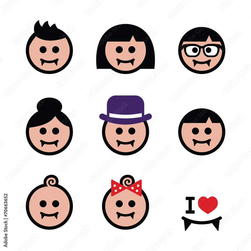 Vampires - man, woman, baby faces Halloween icons set Vampires - man, woman, baby faces Halloween icons set