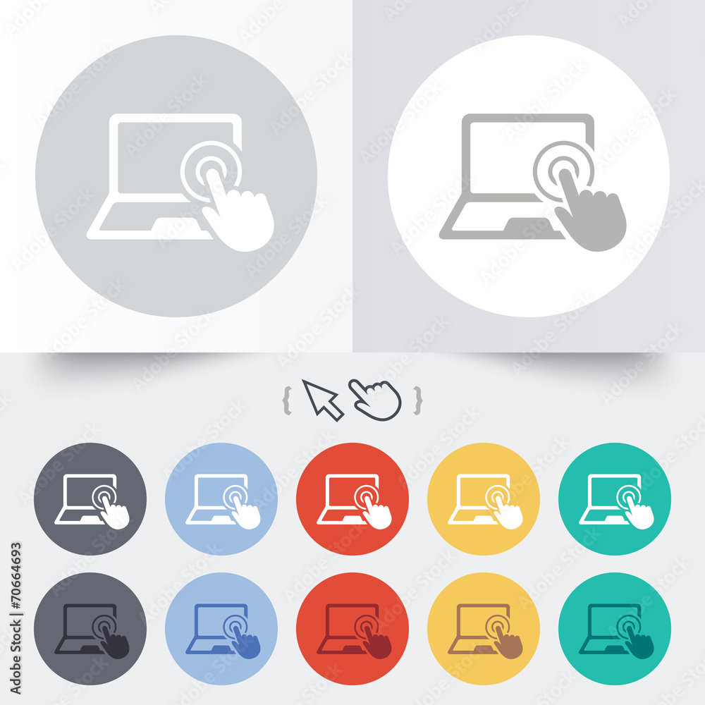 Touch screen laptop sign. Hand pointer symbol. Touch screen laptop sign. Hand pointer symbol.