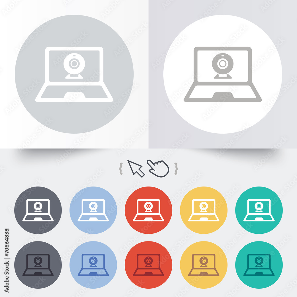 Video chat laptop sign icon. Webcam talk. Video chat laptop sign icon. Webcam talk.