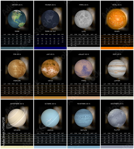 European french 2015 year calendar with solar system planets