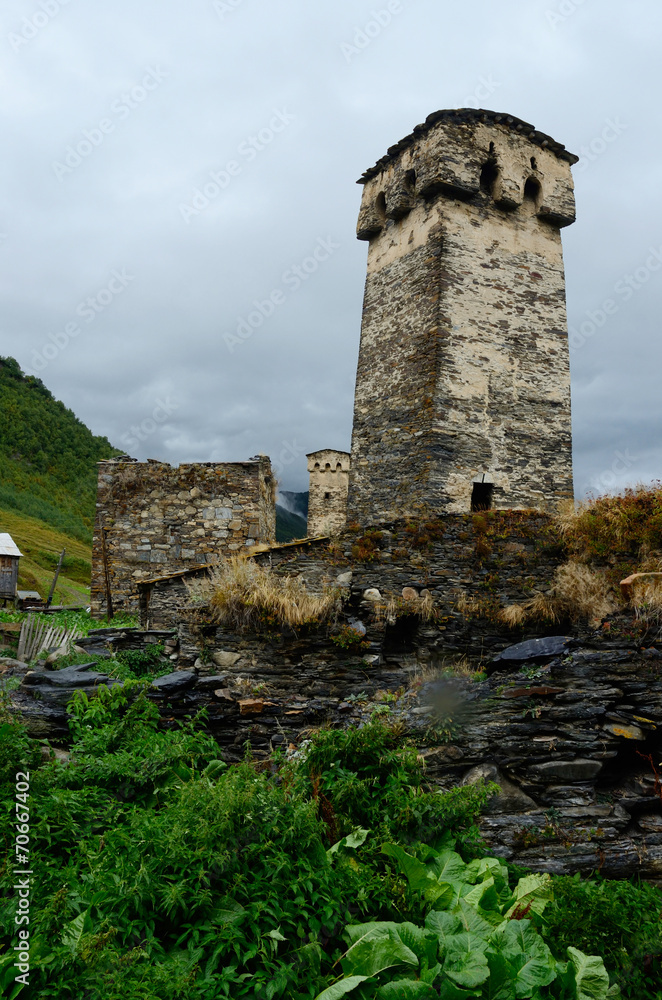 View of ancient Murqmeli village with fortified towers,Georgia