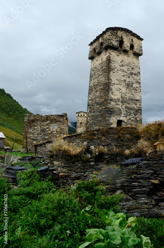 View of ancient Murqmeli village with fortified towers,Georgia