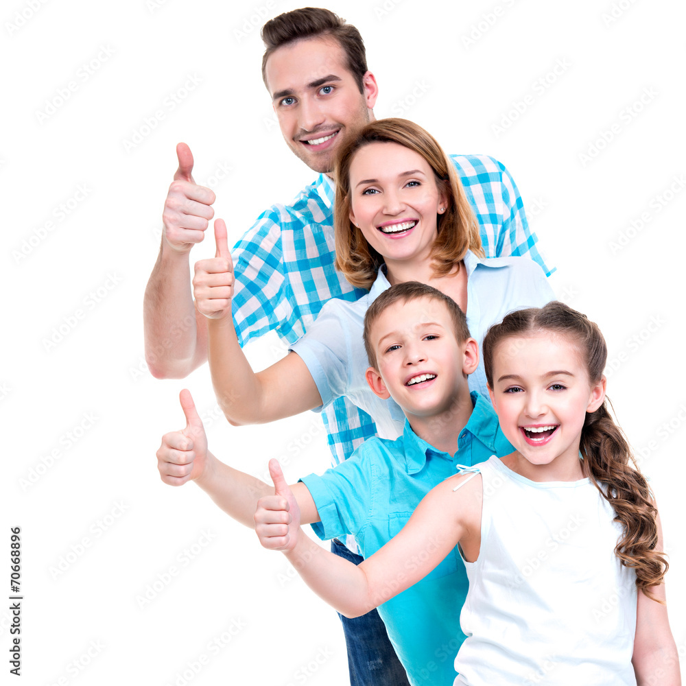 happy european family with children shows the thumbs up sign - obrazy, fototapety, plakaty 