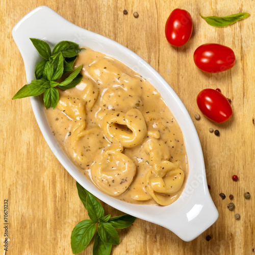 Creamy Cheese & Basil Tortellini. Selective focus.