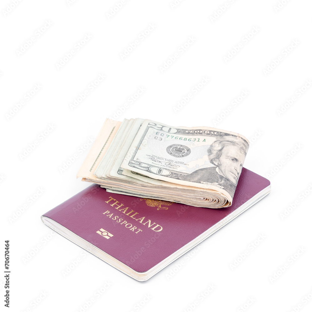 Thailand passport and Dollar USA on white background. Thailand passport and Dollar USA on white background.