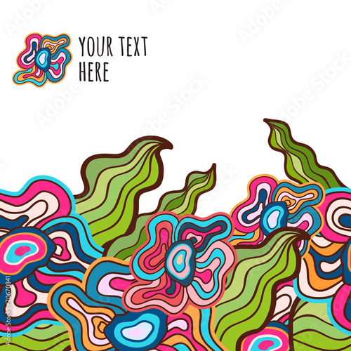 Hand-drawn waves floral pattern, abstract green leaves and flowe