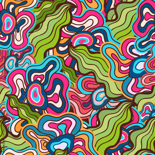 Hand-drawn waves floral pattern, abstract green leaves and flowe