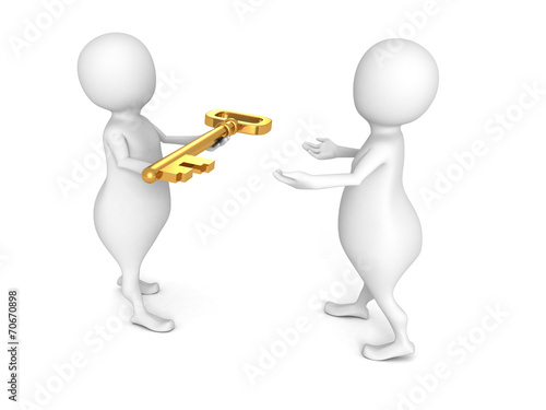 white 3d man give golden key other person