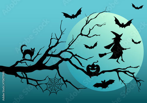 Halloween witch and bats, vector