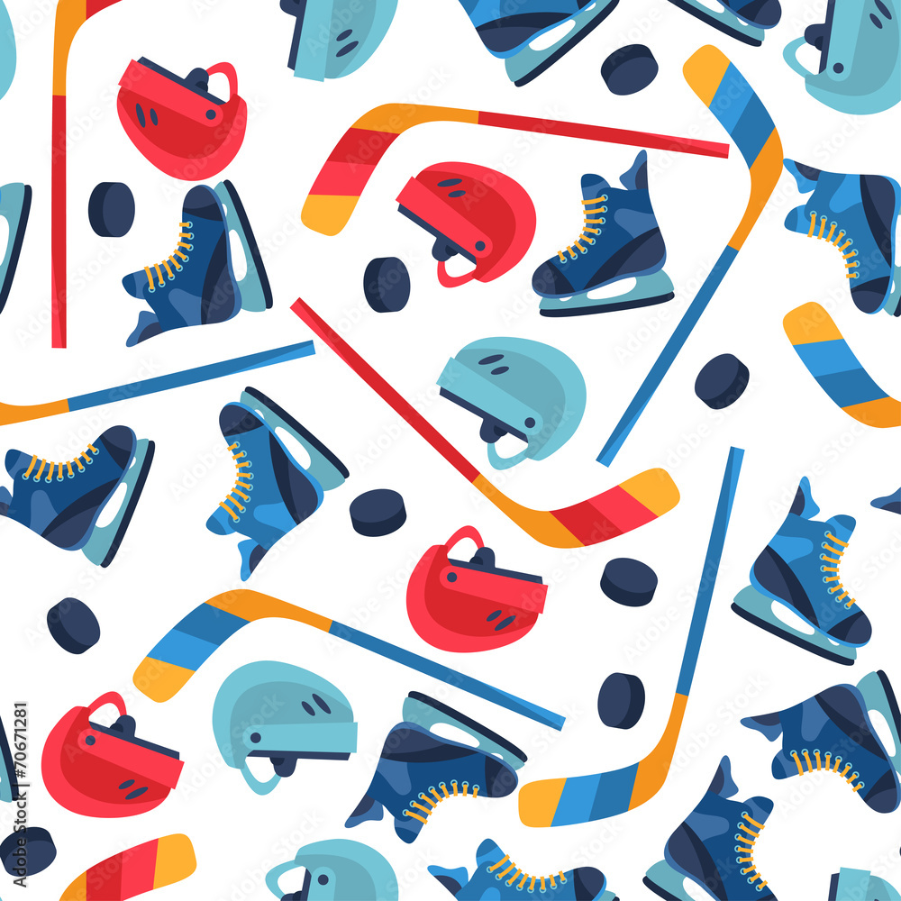 Obraz premium Sports seamless pattern with hockey equipment flat icons.
