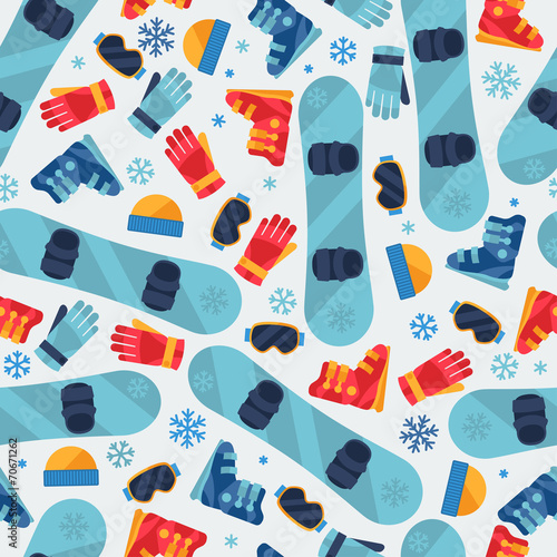 Sports seamless pattern with snowboard equipment flat icons.