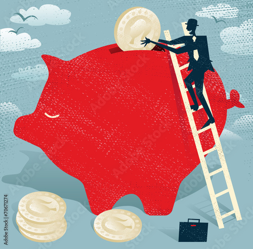 Abstract Businessman saves money in Piggybank.