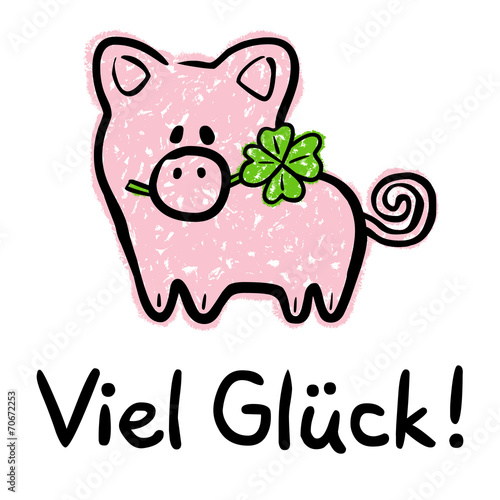 Viel-Glück-Karte mit Glücksschwein und vierblättrigem Kleeblatt