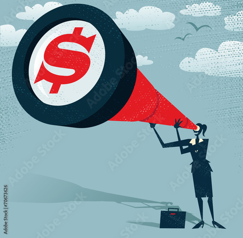 Abstract Businesswoman looks through her Telescope for Dollars.