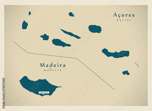 Fotografie Modern Map - Acores & Madeira Ilha PT