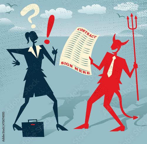 Abstract Businesswoman signs a Deal with the Devil.