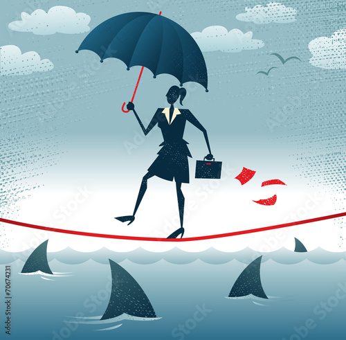 Abstract Businesswoman walks Tightrope with Confidence.