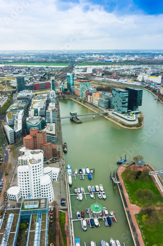Wide angle picture of river Rhine, Duesseldorf. Seen from the te