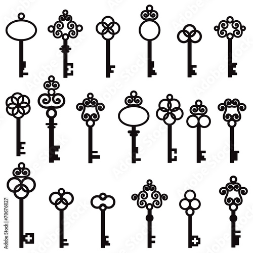 Set of old keys with decorative elements in retro style