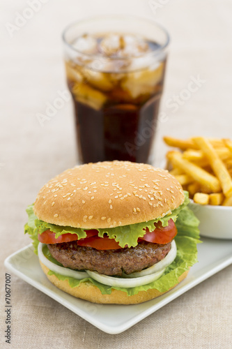 Hamburger wiht french fries and fresh drink