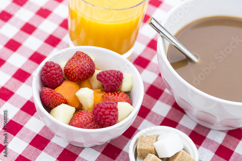 Breakfast with fruits and hot chocolate
