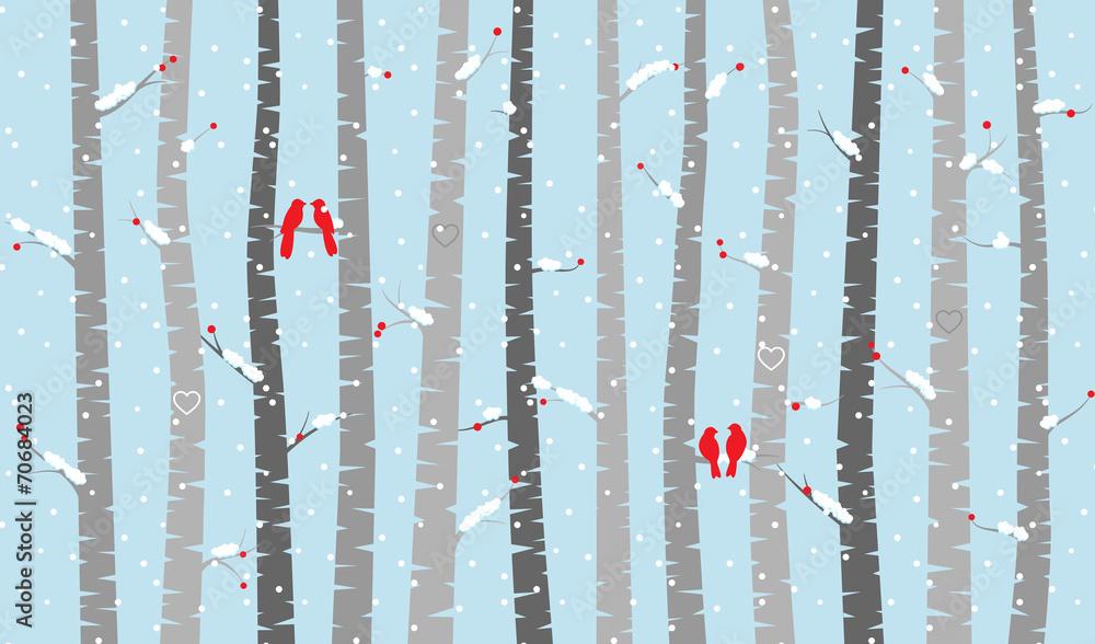 Fototapeta Wektor brzoza lub osika drzewa z ptaków śnieg i miłość