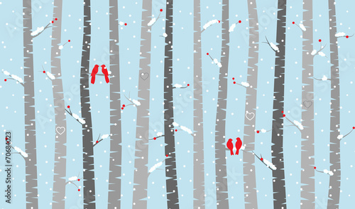 Fototapeta Wektor brzoza lub osika drzewa z ptaków śnieg i miłość