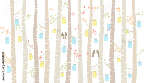 Vector Birch or Aspen Trees with Hanging Mason Jars and Love Bir