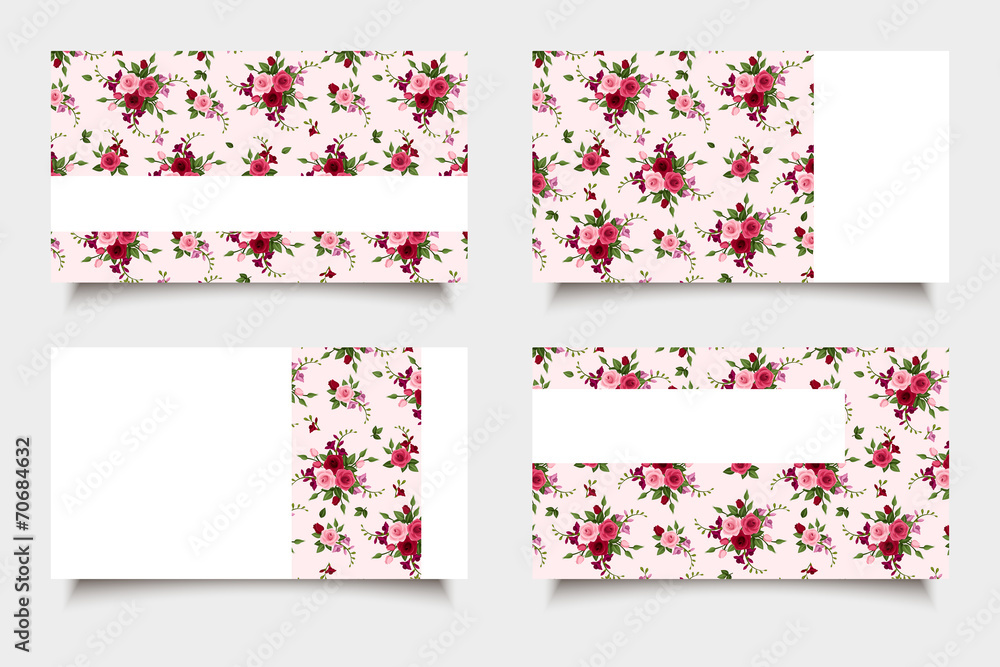 Pink business cards with rose patterns. Vector eps-10.
