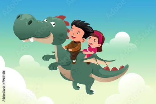 Obraz Dzieci jeżdżą na uroczym smoku