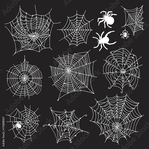 Set of 10 different spiderwebs and spiders on black background