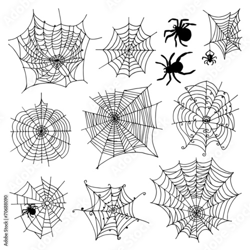 Set of 10 different spiderwebs and spiders on white background