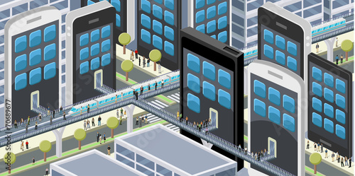 Business people in a city with smart phones