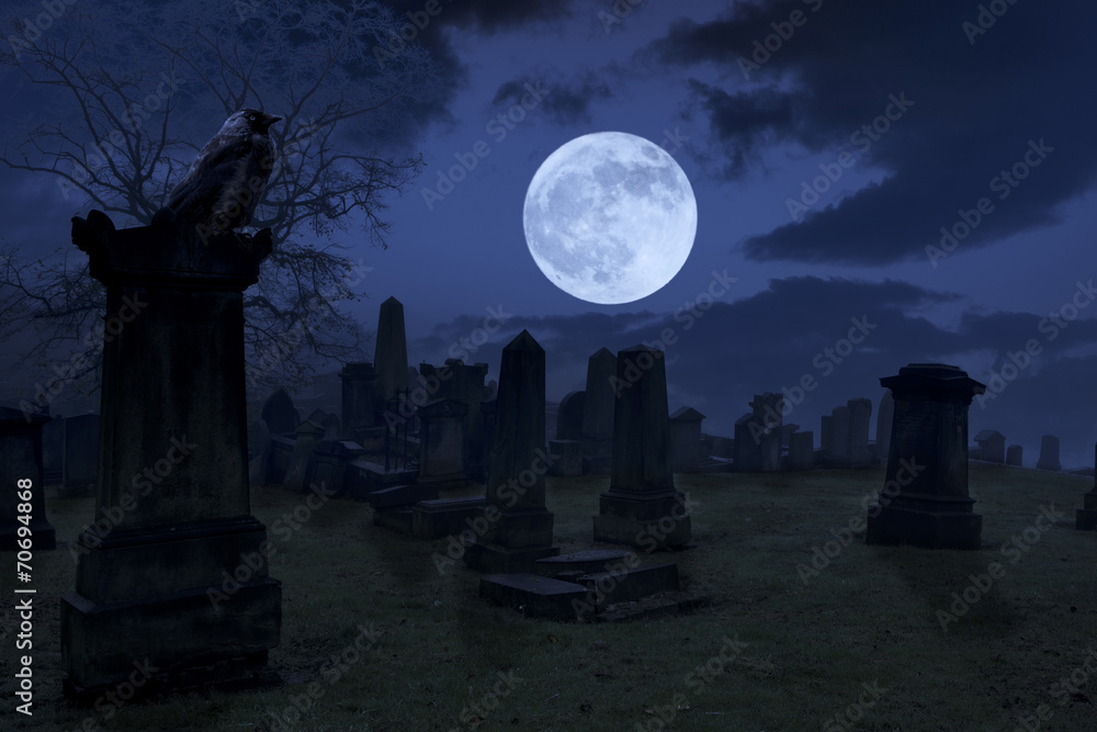 Obraz premium Spooky night at cemetery with old gravestones, full moon and bla