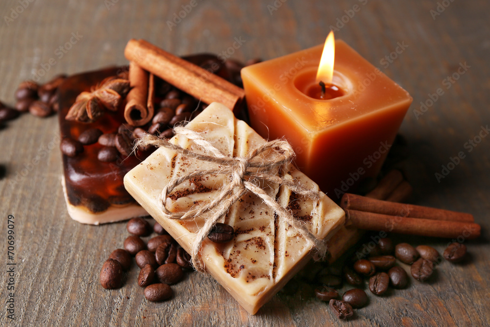 Fototapeta premium Organic soap with coffee beans and spices,