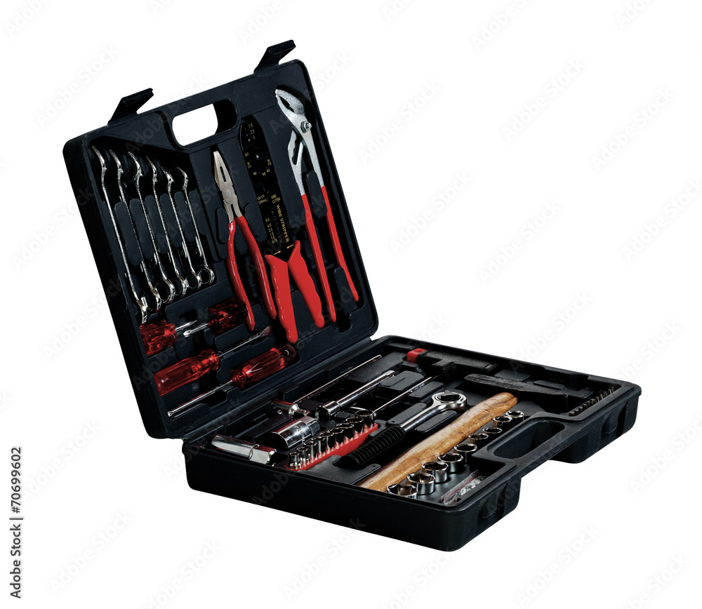 Black toolbox with different instruments isolated on white Black toolbox with different instruments isolated on white