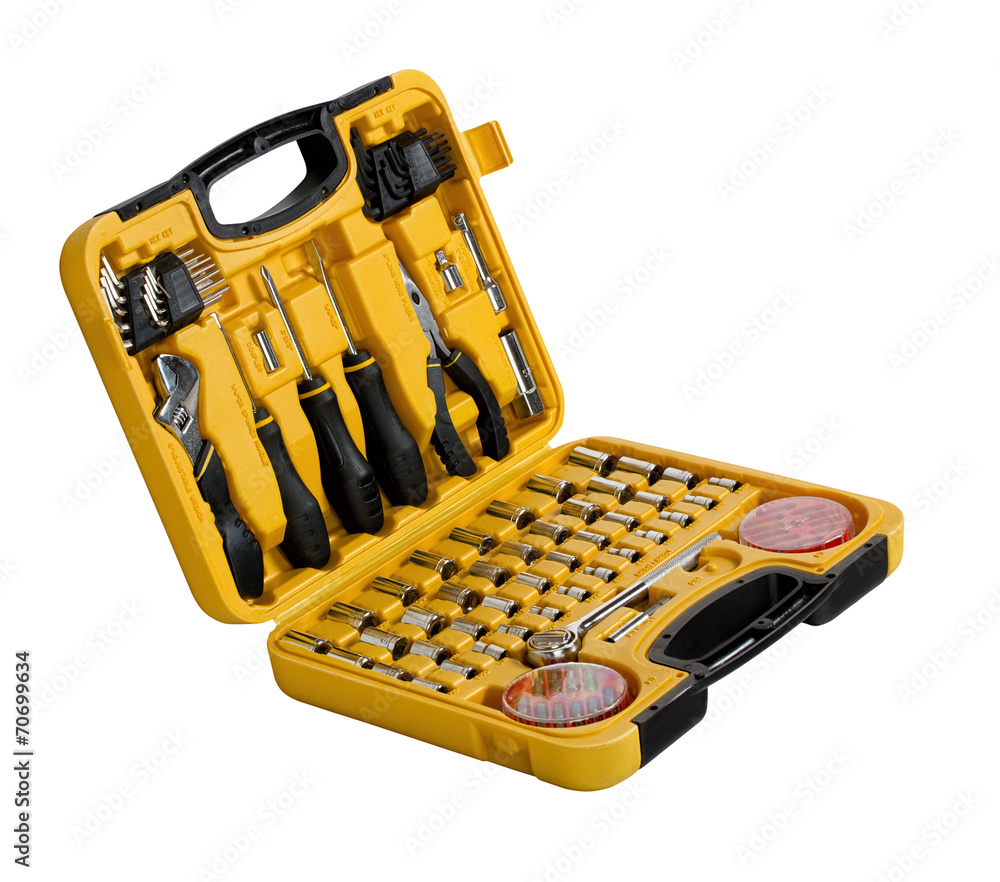 Toolbox with different instruments isolated on white Toolbox with different instruments isolated on white