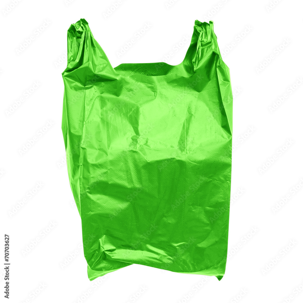 Green plastic bag isolated on white with clipping path.
