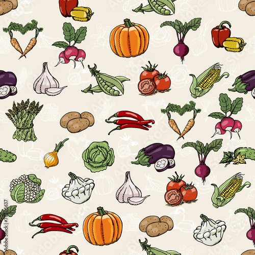 Seamless pattern with colored vegetables. Vector illustrations
