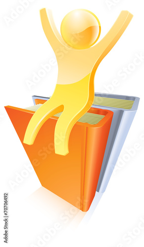 Gold person on top of books