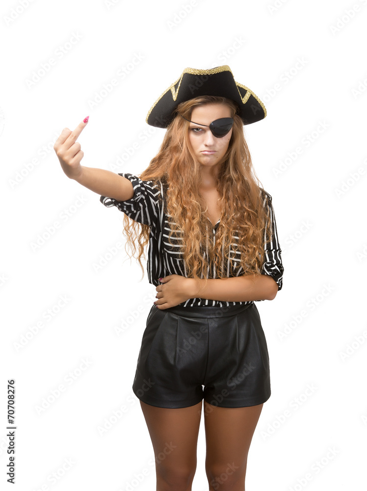 pirate show rude middle finger in white background pirate show rude middle finger in white background