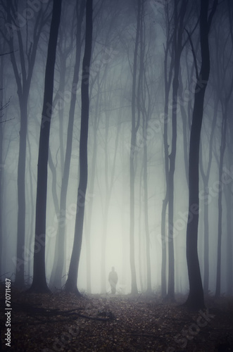 man walking on path through spooky dark forest