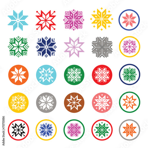 Colorful pixelated snowflakes, Christmas icons