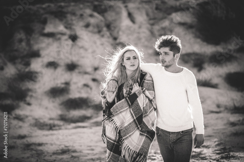 couple in love on the beach in autumn