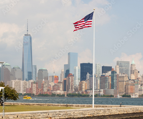 United States Flag with New York Skyscrapers on background