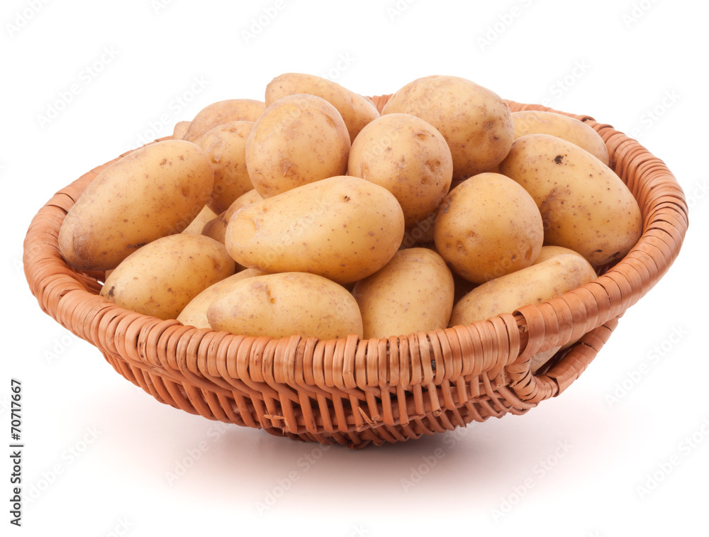 Potato tuber in wicker basket isolated on white background Potato tuber in wicker basket isolated on white background
