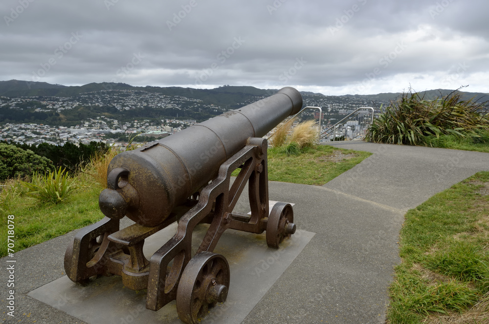 Old bronze cannon on mount Victoria in Wellington
